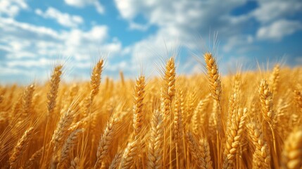 Golden wheat sways gently under a bright summer sky