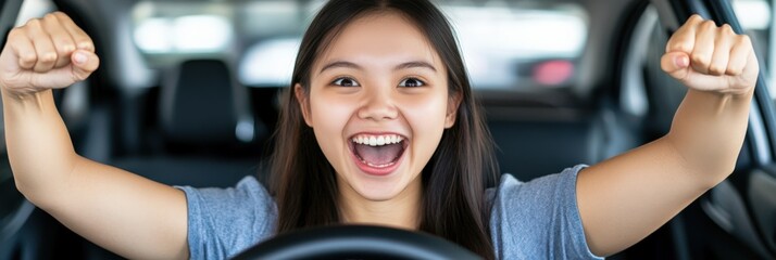 Young Asian Woman Celebrating Inside Her Car, Expression of Excitement and Joy After Passing Driving Test in a Modern Vehicle, Bright and Energetic Atmosphere
