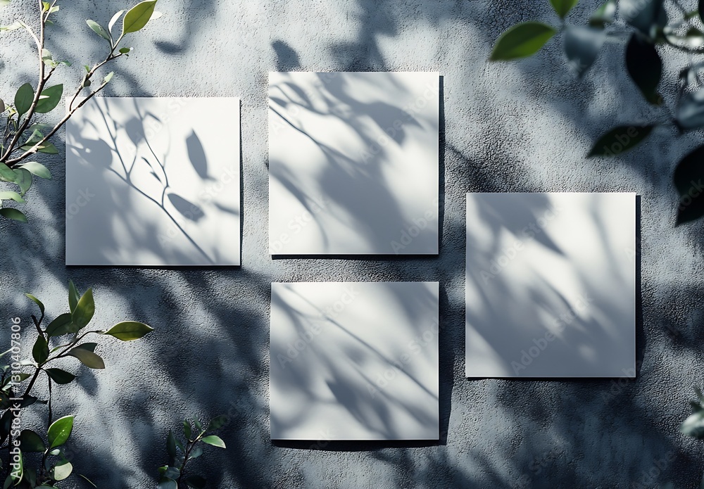 Poster Four blank square canvases on a textured wall with leafy shadows creating a soothing atmosphere : Generative AI