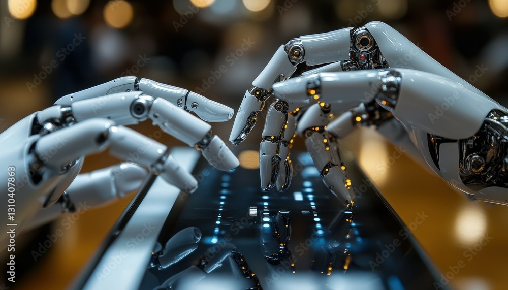Poster futuristic robots interacting with a touch screen technology in a modern environment