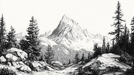 Obraz premium Snow-capped Mountain Landscape Drawing, Forest Path, Detailed Artwork