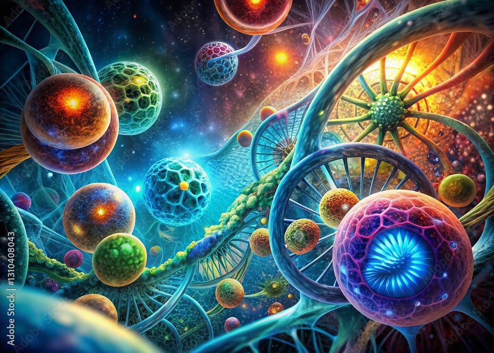 Poster double exposure: microscopic cell structures overlapping abstract background