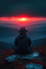 Obraz premium Serene sunset view from a mountain top with a person meditating, surrounded by nature's beauty