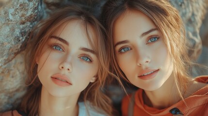 Fototapeta premium Portrait of Two Young Women with Brown Hair and Blue Eyes, Posing Together in Nature, Smiling While Leaning Against a Rock Background; An Inspirational Capturing of Friendship and Beauty