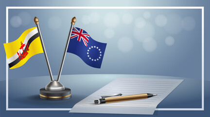 Brunei and Cook Islands National flags on small table with bokeh background, cooperative relationship. Template vector Illustration