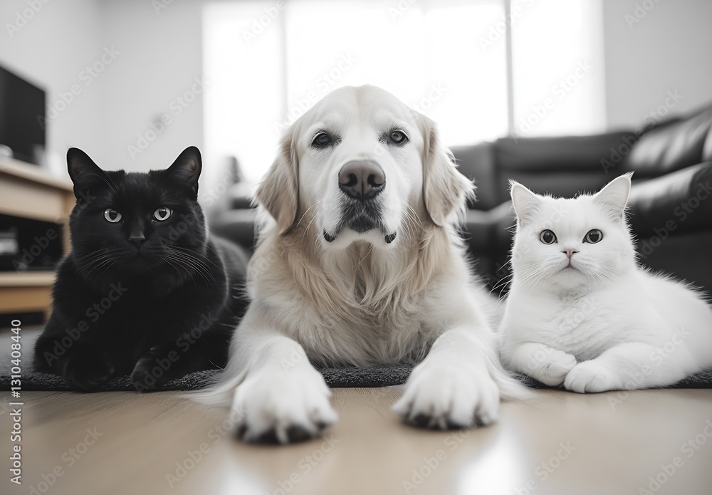 Poster charming trio of pets relaxing together featuring a black cat a golden retriever and a white cat : g