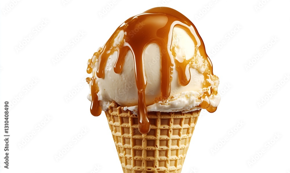 Poster sumptuous vanilla ice cream drizzled with rich caramel sauce served in a classic waffle cone : gener