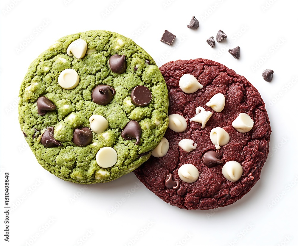 Poster delectable green and red cookies with chocolate chips on a pristine white background : generative ai