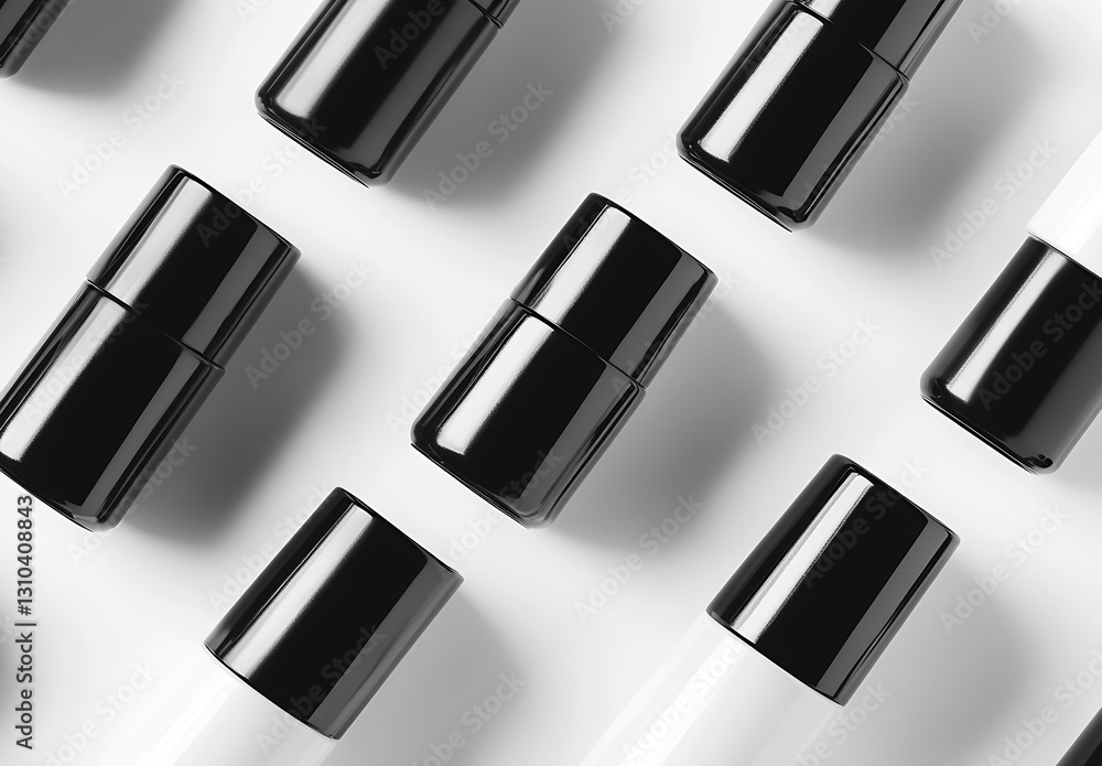 Poster closeup view of glossy black and white cosmetic containers reflecting light in a stunning arrangemen