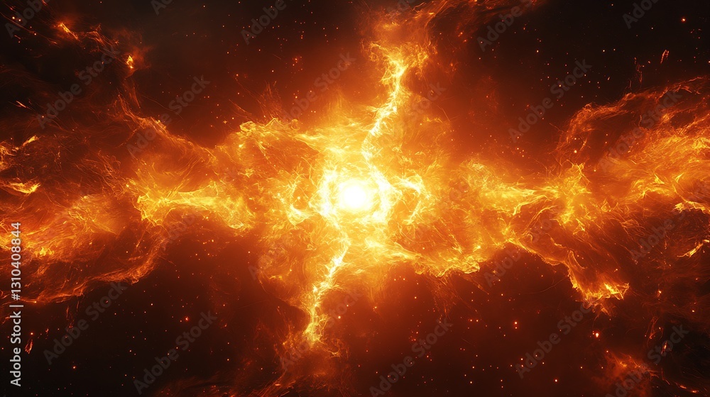 Poster stunning cosmic explosion with bright fiery light and swirling clouds in outer space : generative ai