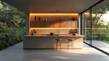 This luxurious kitchen interior features minimalist design elements, including a stylish bar area with high stools. Large windows seamlessly blend indoor and outdoor spaces, enhancing the atmosphere