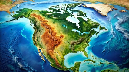 Double Exposure: North American 3D Map & Ocean Currents - High-Resolution Stock Photo