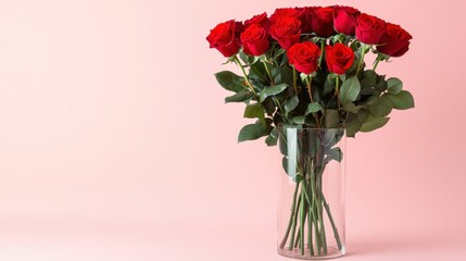 Obraz premium A bouquet of red roses elegantly arranged in a glass vase on a pastel pink background.