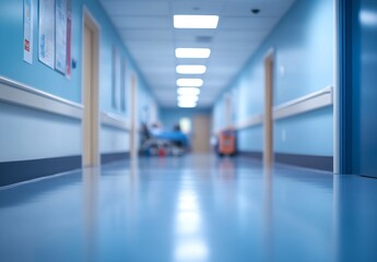 Fototapeta premium Serene Hospital Corridor with Modern Design and Blue Walls for Healthcare Interiors : Generative AI