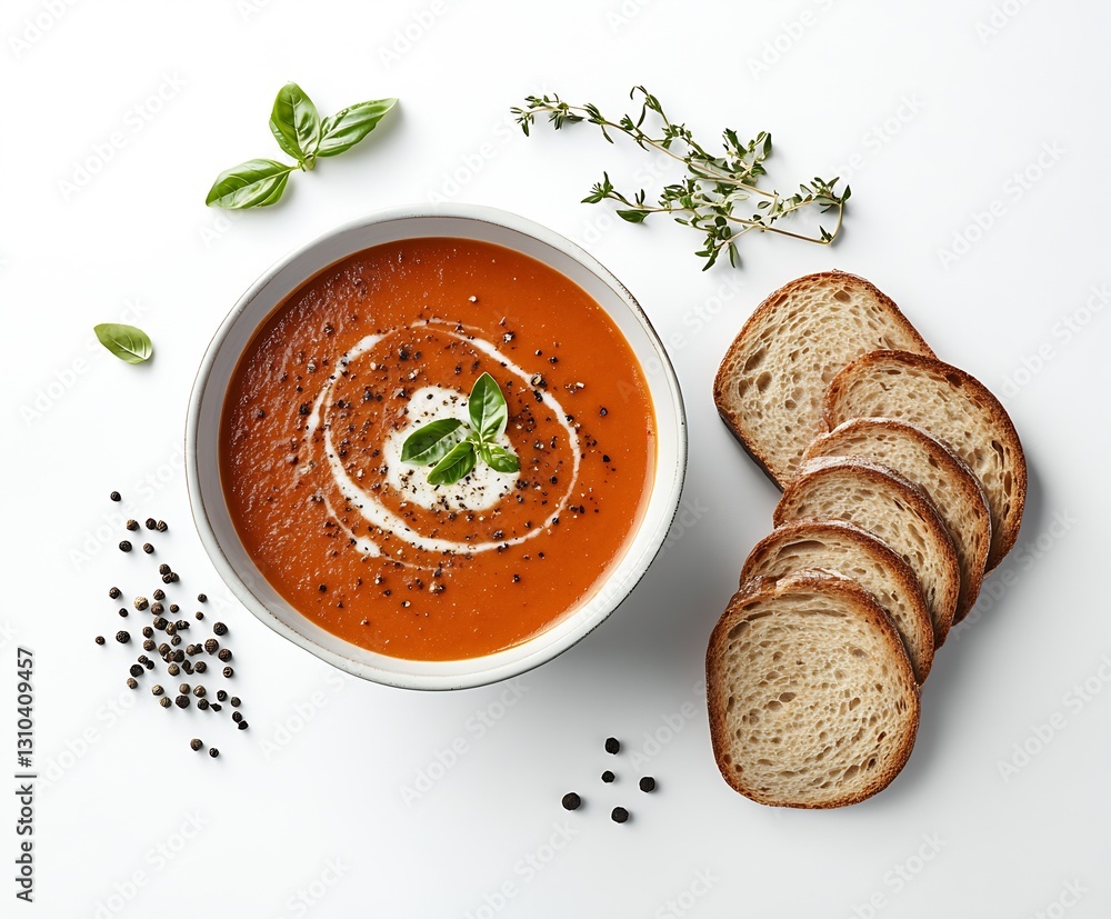 Poster creamy tomato soup garnished with herbs served with slices of whole grain bread on a clean surface :