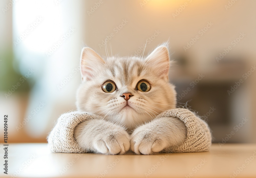 Poster adorable fluffy kitten with big eyes resting its paws on a table showcasing curiosity and playfulnes
