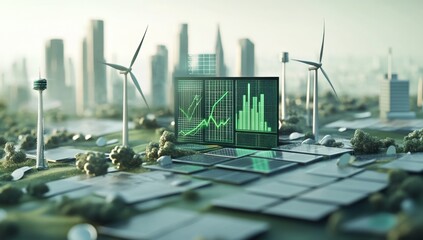 Sustainable city, financial graphs, renewable energy