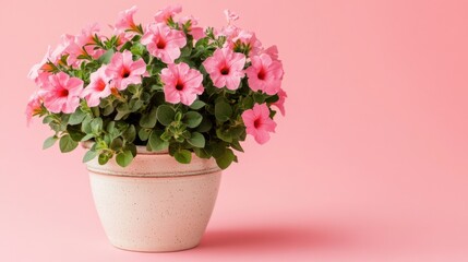 A ceramic pot filled with blooming pink petunias placed on a pastel pink background.