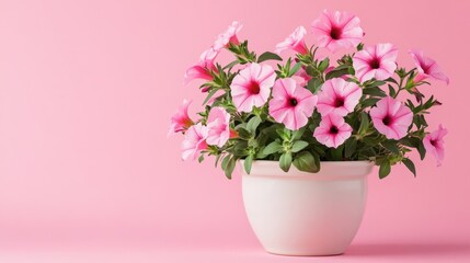 Fototapeta premium A ceramic pot filled with blooming pink petunias placed on a pastel pink background.