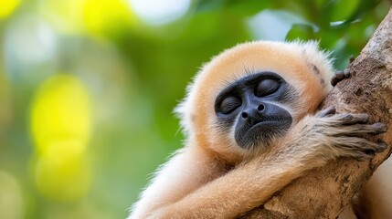 Obraz premium Silvery gibbon resting peacefully among the branches in Java