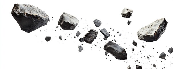 Scattered pieces of jagged rocks in midair against a clean white background : Generative AI