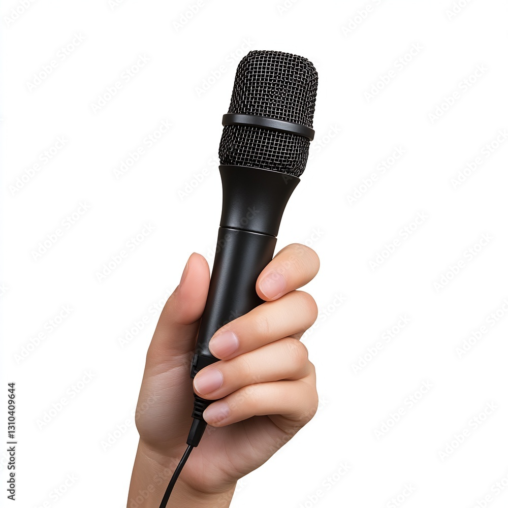 Poster Hand gripping a black microphone with a mesh head on a white background : Generative AI