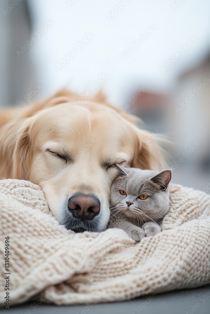 Poster golden retriever and cat cozy together on a soft blanket in a peaceful setting : generative ai