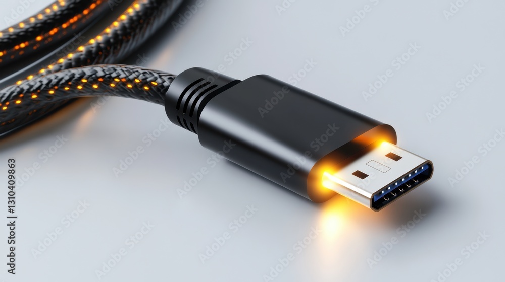 Poster a close-up of a high-speed usb-c cable with a glowing led tip on a white backdrop.