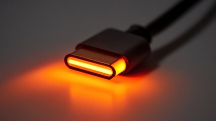 Fototapeta premium A close-up of a high-speed USB-C cable with a glowing LED tip on a white backdrop.