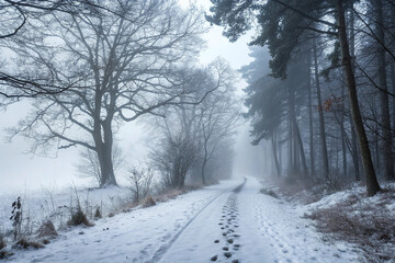 Obraz premium Pathway leading through foggy wilderness in winter