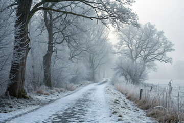 Obraz premium Pathway leading through foggy wilderness in winter