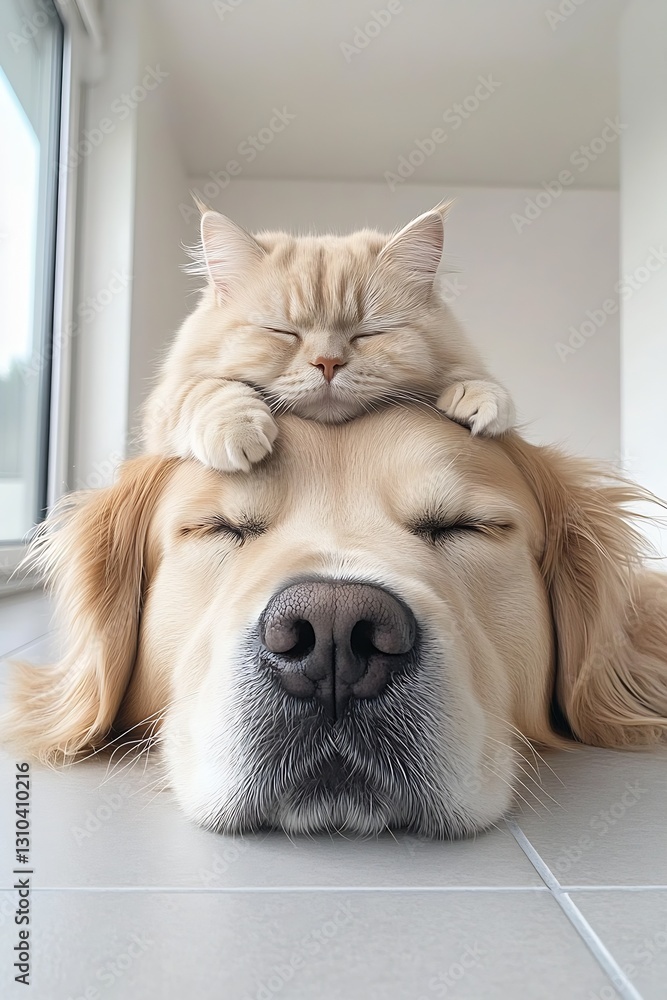 Poster adorable golden retriever with a sleepy cat resting on its head in a cozy indoor setting : generativ