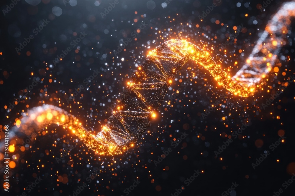 Poster glowing dna helix with sparkling particles in dark background for science and technology