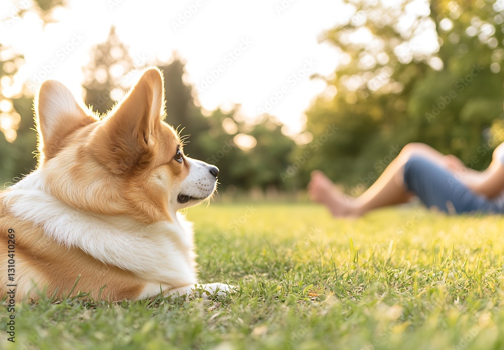 Poster corgi dog observing the scenery while relaxing on grass during a golden hour afternoon : generative 