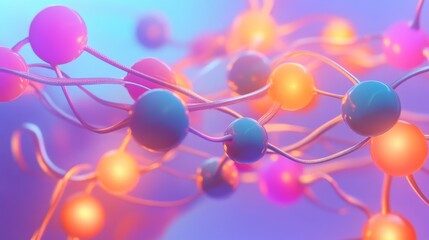 Abstract 3D Render Vibrant Colorful Spheres Connected by Shiny Wires