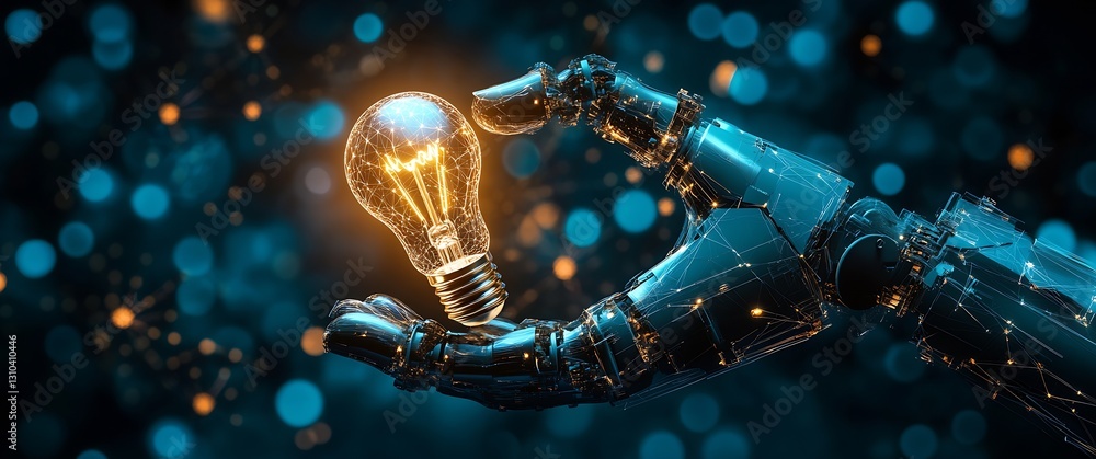 Poster robotic hand delicately holding a glowing light bulb representing the fusion of technology and creat