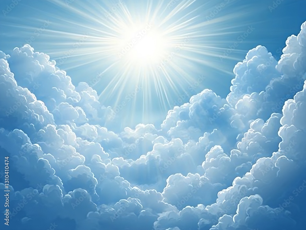 Poster Stunning sky view with bright sunlight bursting through fluffy clouds creating a heavenly atmosphere : Generative AI