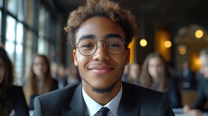 Fototapeta premium Young man in a suit smiling confidently in a modern office setting with colleagues in background