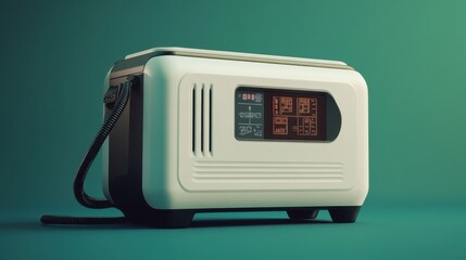 Obraz premium A compact inverter generator with a digital display on a soft pastel green background.