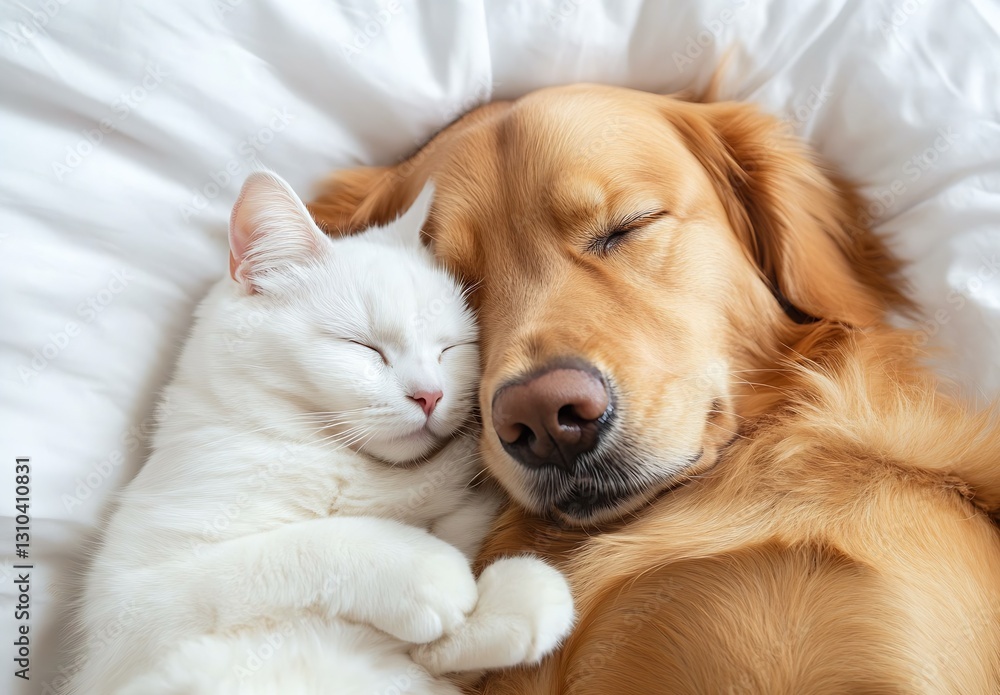 Poster golden retriever snuggling closely with a white cat while sleeping peacefully together on a bed : ge