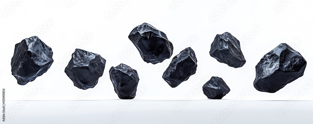 Fototapete dynamic composition of floating black rocks in midair against a clean white background : generative 