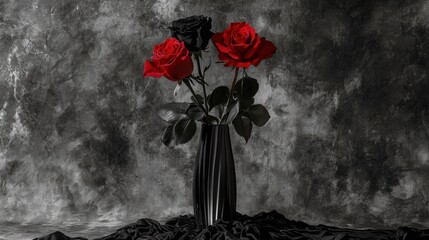 A creative artistic shot of color-contrast roses in a split-tone vase on a modern backdrop.