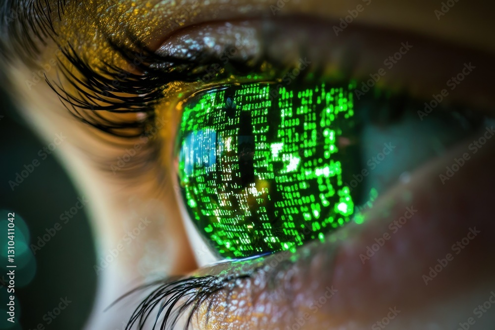Poster close-up of human eye reflecting green binary code in a futuristic digital environment