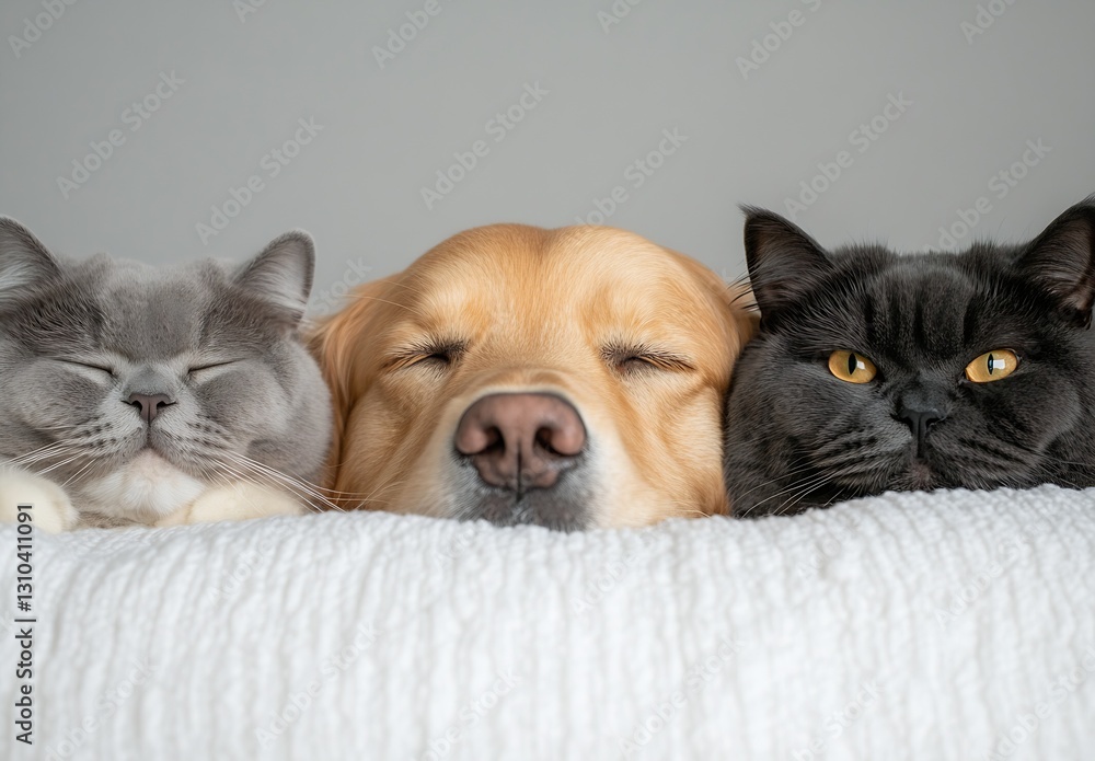 Poster three adorable pets resting together peacefully with closed eyes and content expressions in a cozy s