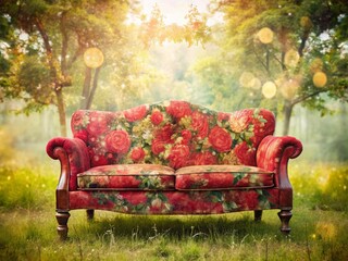 Double Exposure Red Loveseat: Romantic Interior Design Stock Photo