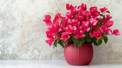 A deep red pot containing bright fuchsia bougainvillea flowers on a monochrome background.