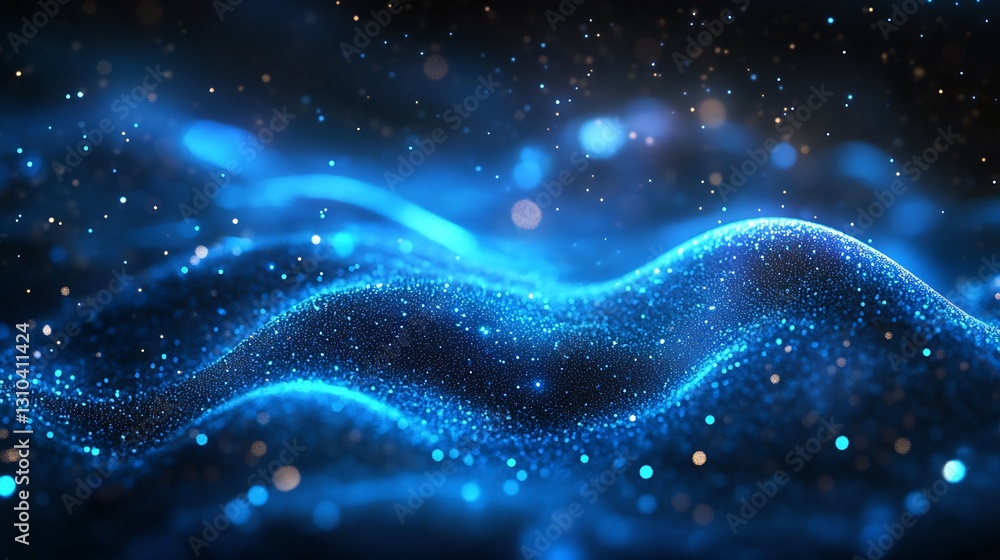 Aufkleber Mesmerizing Blue Particles Flowing Over a Curved Surface Creating a Dreamlike Tranquil Scene : Generative AI