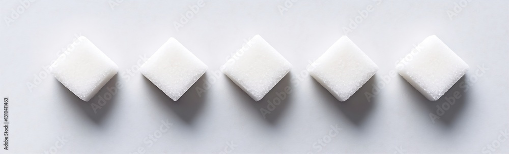 Poster five sugar cubes symmetrically placed on bright white background for culinary arts : generative ai