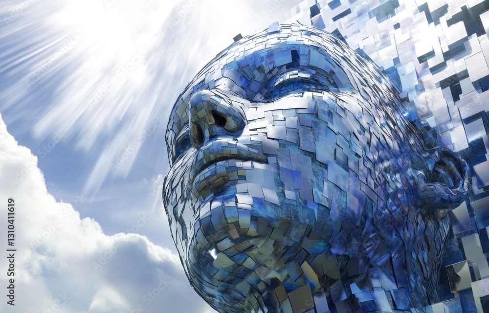 Poster a close-up of an ai robot's head, composed entirely from digital mosaic tiles, set against the backd