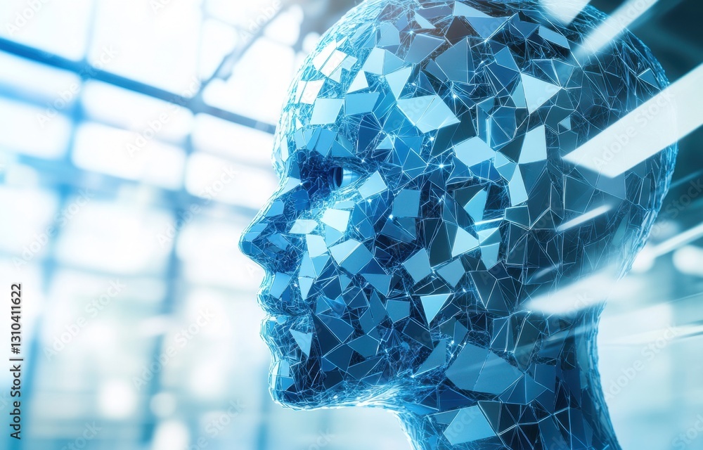 Poster a close-up of an ai robot's head, its face composed entirely of digital mosaic tiles and light rays 